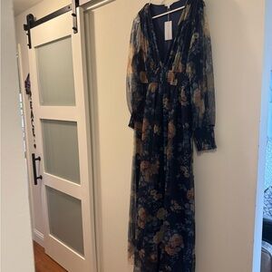 Baltic Born Navy Floral Long, sheer Sleeve Dress